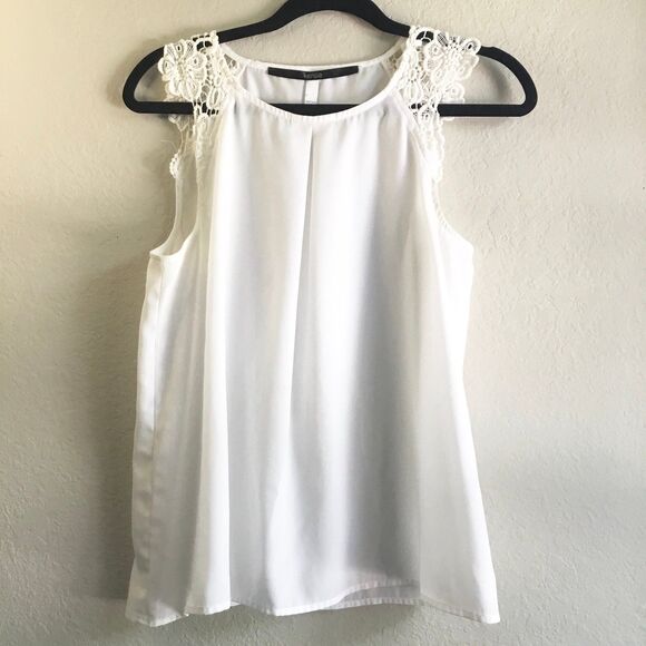 Kensie Tops - White sleeveless semi sheer top crochet shoulder detail minimal feminine M